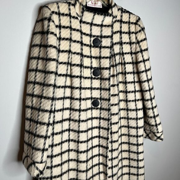 Pauline Trigere Vintage black and white wool window pane Mod Swing coat - Picture 2 of 6